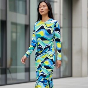London Style Women's Multicolored Wave Print Long Sleeve Maxi Dress Size 14 NWT